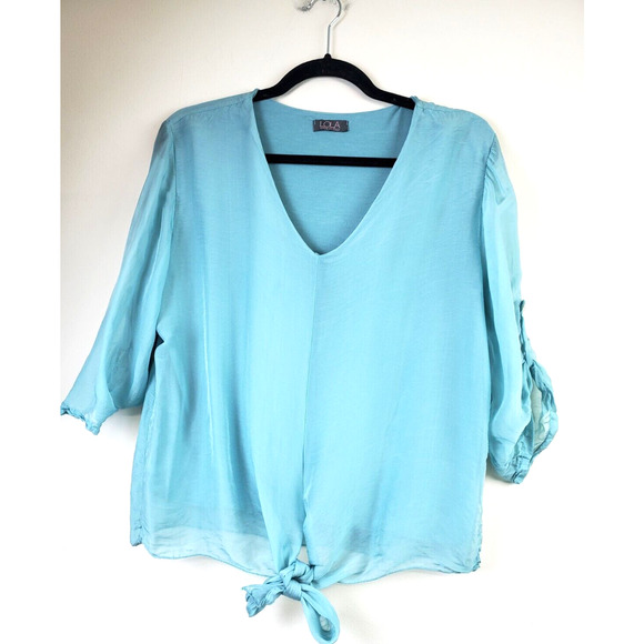 LOLA Made In Italy Womens Top Blue Round Neck Silk Layered Tie Front Flowey - Picture 9 of 9